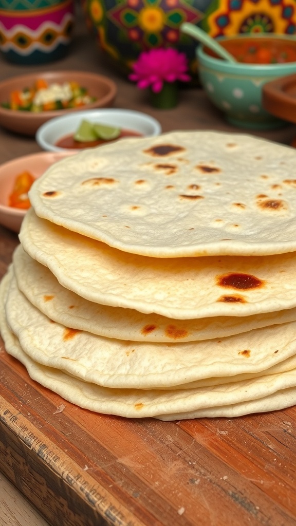 Freshly made ceremonial tortillas stacked on a wooden table with salsa in the background.